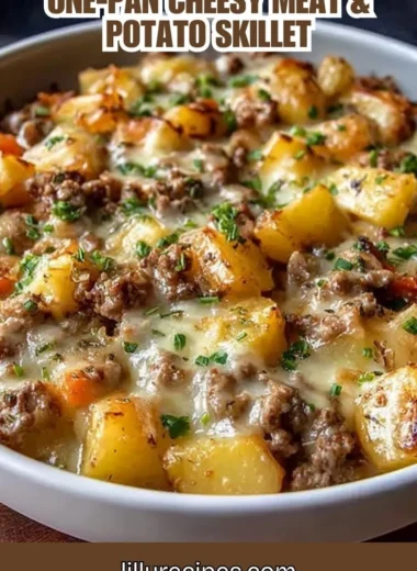 One-Pan Cheesy Meat & Potato Skillet with melted cheese and potatoes
