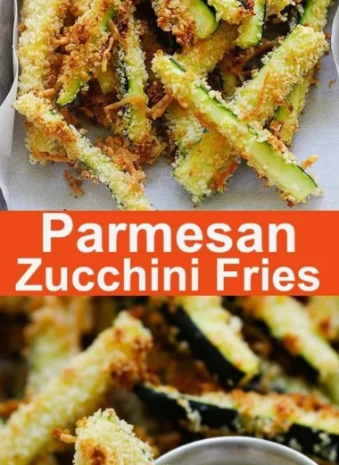 Crispy Parmesan Zucchini Fries served in a basket with dipping sauce