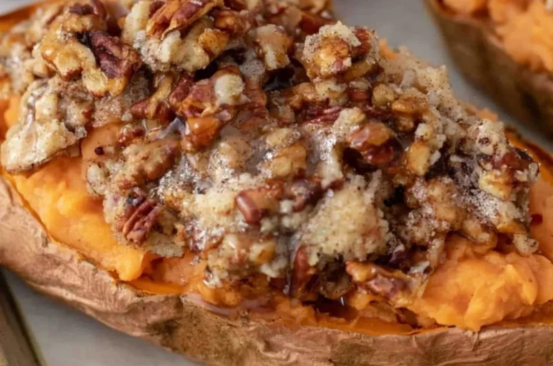 Pecan Pie Twice Baked Sweet Potatoes served on a festive plate
