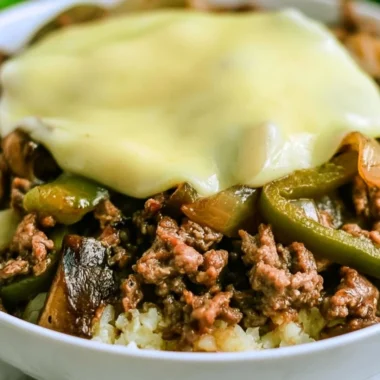 Low-carb Philly cheesesteak bowls served in a dish with veggies and cheese