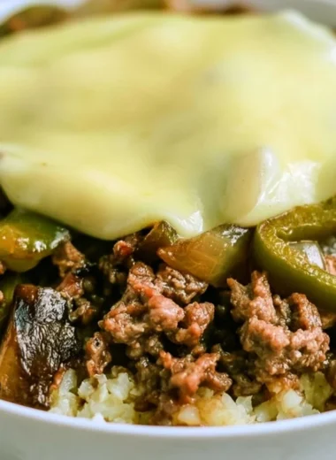 Low-carb Philly cheesesteak bowls served in a dish with veggies and cheese