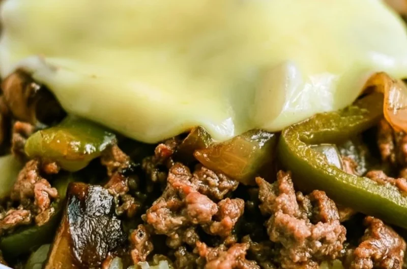 Low-carb Philly cheesesteak bowls served in a dish with veggies and cheese