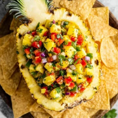 Fresh pineapple salsa with diced pineapples, peppers, and cilantro in a bowl