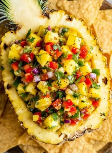 Fresh pineapple salsa with diced pineapples, peppers, and cilantro in a bowl