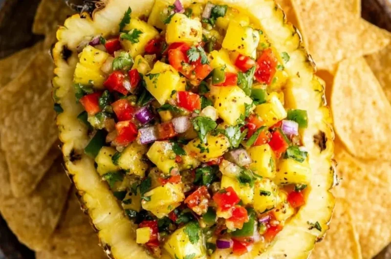 Fresh pineapple salsa with diced pineapples, peppers, and cilantro in a bowl