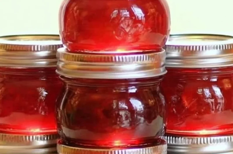 Homemade rhubarb cinnamon jam in a jar with rustic background