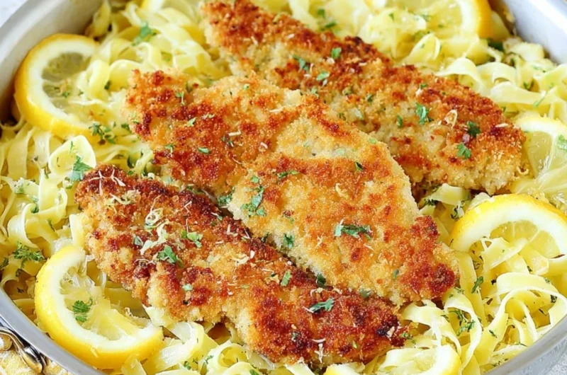 Romano chicken served with lemon garlic pasta on a white plate