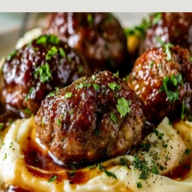 Salisbury steak meatballs served with garlic herb mashed potatoes on a plate