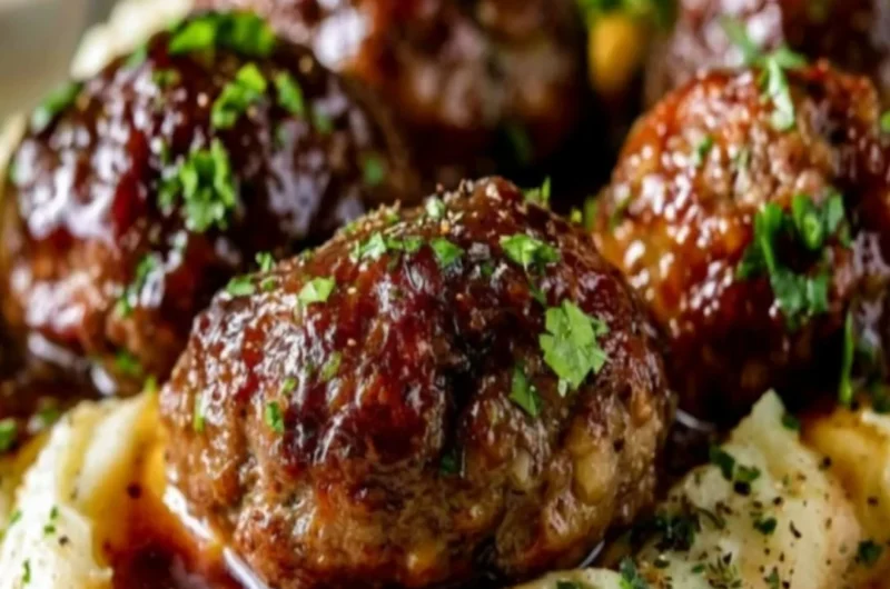 Salisbury steak meatballs served with garlic herb mashed potatoes on a plate