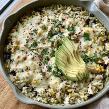 Salsa Verde Chicken & Rice Skillet served in a cast iron pan