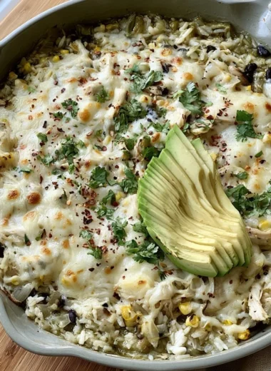 Salsa Verde Chicken & Rice Skillet served in a cast iron pan