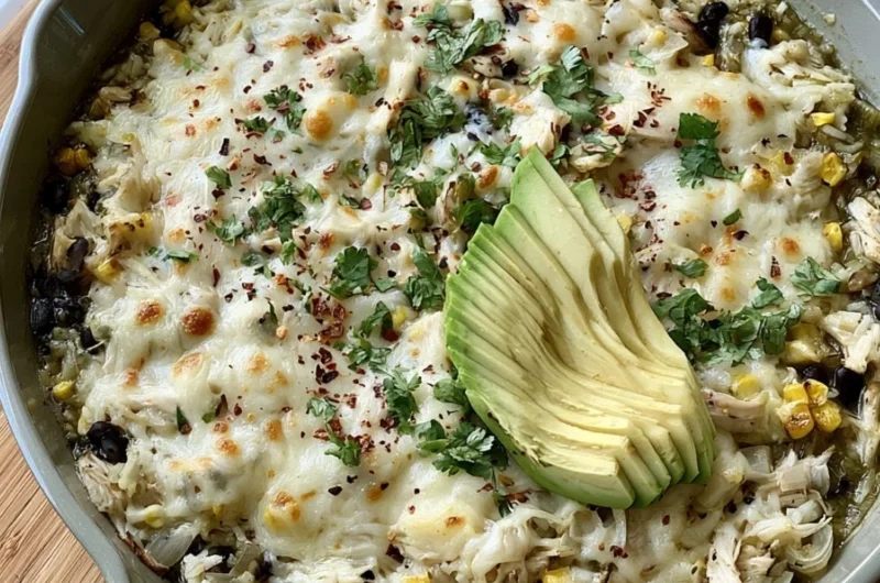 Salsa Verde Chicken & Rice Skillet served in a cast iron pan