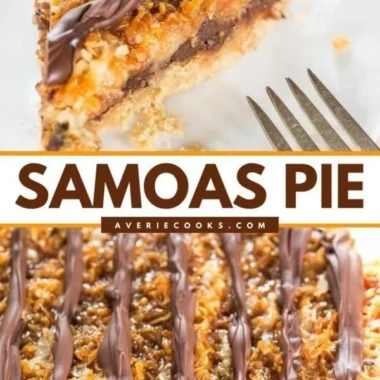 Samoa Pie topped with chocolate and coconut, a delicious dessert treat.