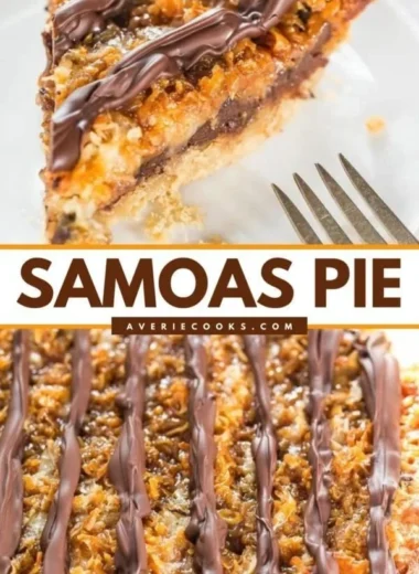 Samoa Pie topped with chocolate and coconut, a delicious dessert treat.