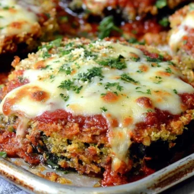 Sheet Pan Eggplant Parmesan dish with layers of eggplant, cheese, and sauce