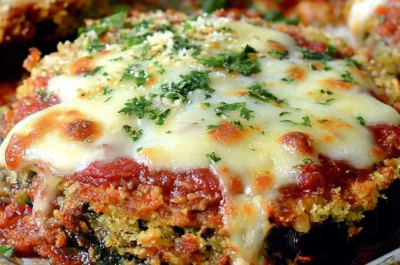 Sheet Pan Eggplant Parmesan dish with layers of eggplant, cheese, and sauce