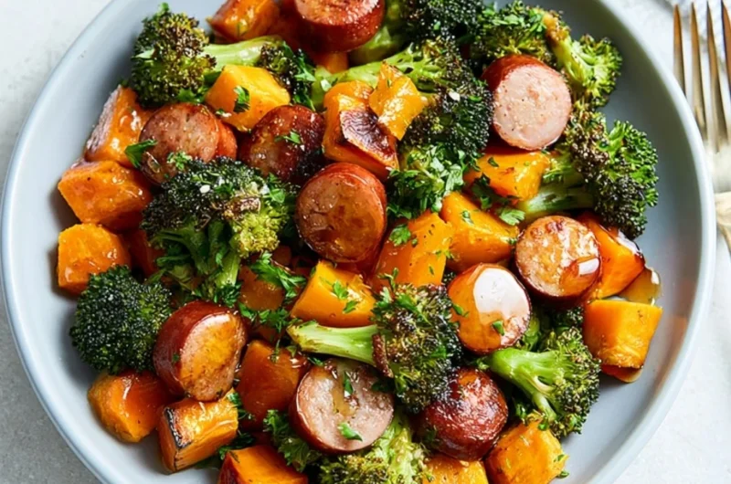 Sheet pan featuring roasted sausage and sweet potatoes, a flavorful one-pan meal.