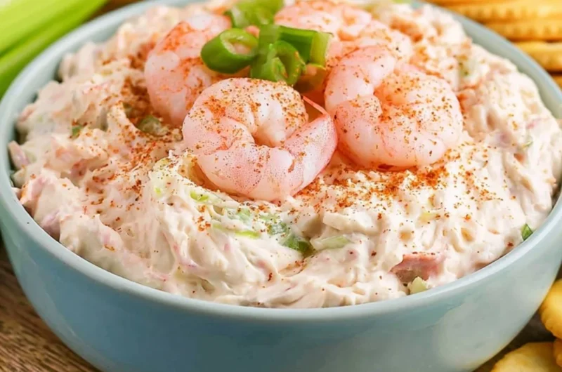 Creamy shrimp dip served in a bowl with crackers and vegetables