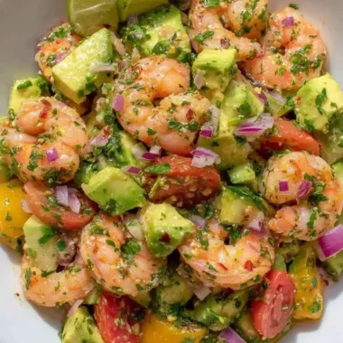 Fresh shrimp salad with vibrant vegetables and a zesty dressing