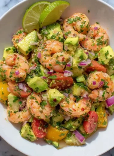 Fresh shrimp salad with vibrant vegetables and a zesty dressing