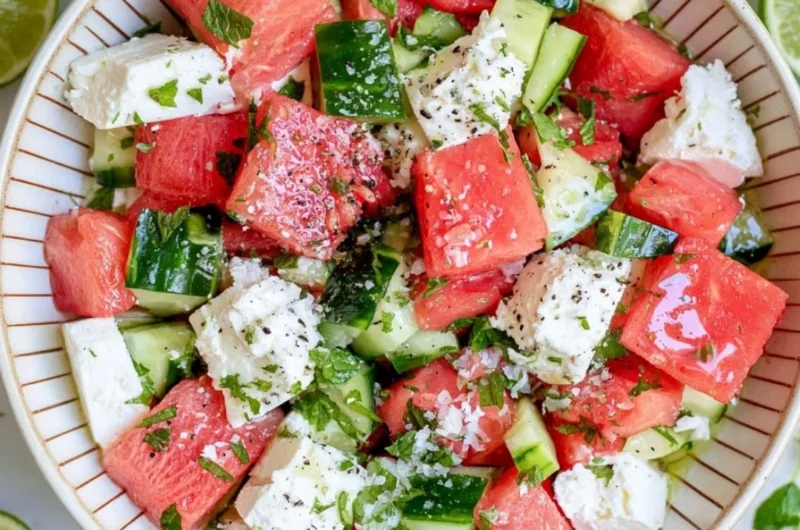 Fresh watermelon cucumber salad with feta cheese served in a bowl