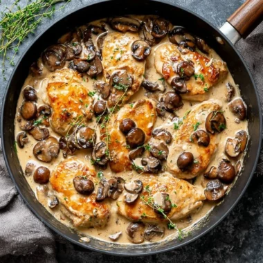 Skillet chicken and mushrooms in a rich wine sauce served on a plate.