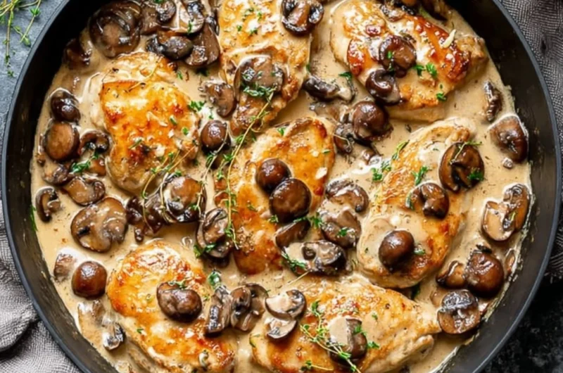 Skillet chicken and mushrooms in a rich wine sauce served on a plate.