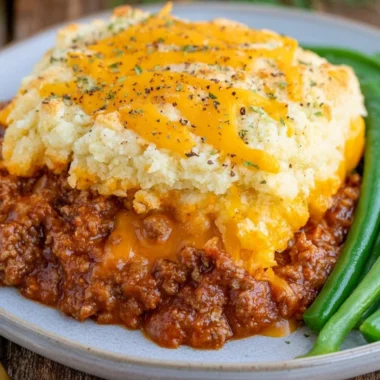 Sloppy Joe Casserole with Cheddar Bay Biscuits in a baking dish