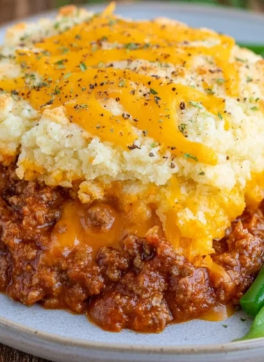 Sloppy Joe Casserole with Cheddar Bay Biscuits in a baking dish