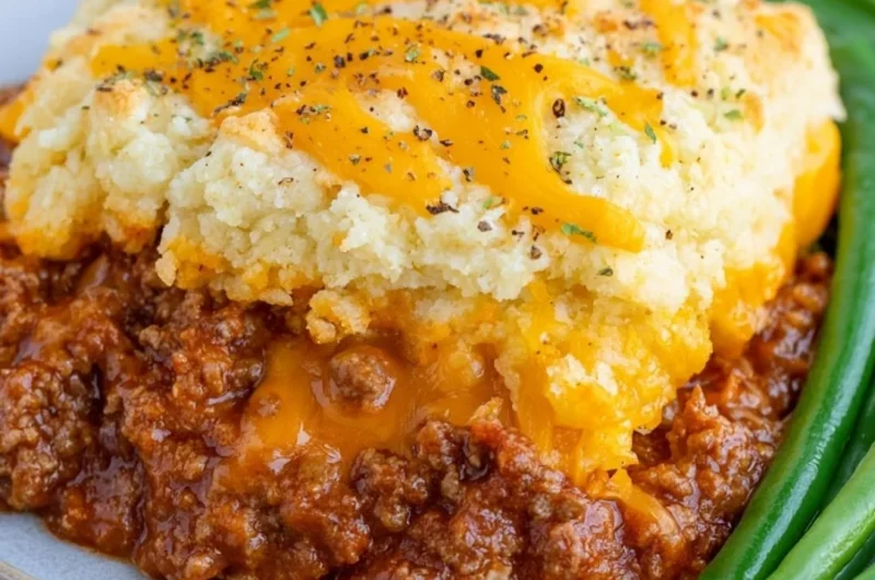 Sloppy Joe Casserole with Cheddar Bay Biscuits in a baking dish