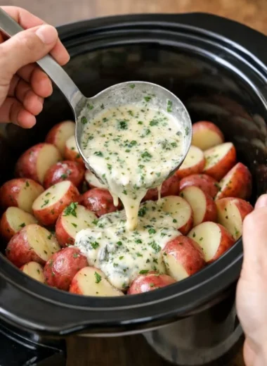 Slow Cooker Herb Ranch Potatoes served in a bowl with herbs and spices.