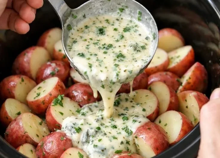 Slow Cooker Herb Ranch Potatoes served in a bowl with herbs and spices.