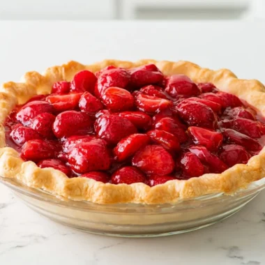 Freshly baked strawberry pie with a golden crust and vibrant red filling