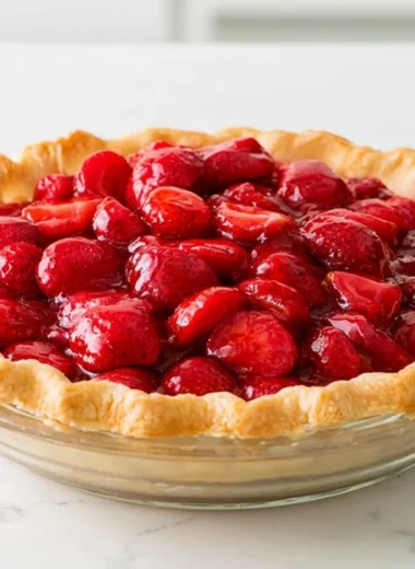 Freshly baked strawberry pie with a golden crust and vibrant red filling