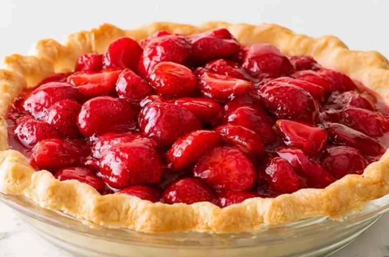 Freshly baked strawberry pie with a golden crust and vibrant red filling