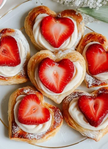 Freshly baked strawberry puff pastry danishes topped with icing.