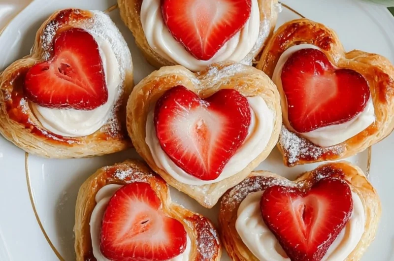 Freshly baked strawberry puff pastry danishes topped with icing.