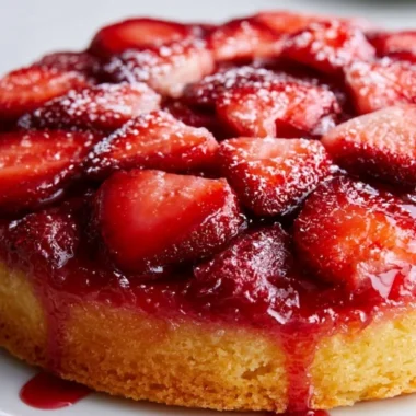 Delicious Strawberry Upside Down Cake topped with fresh strawberries and caramel