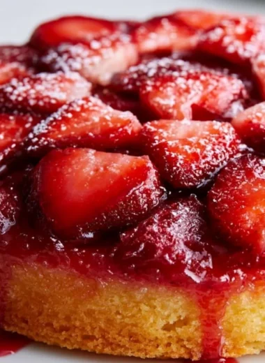 Delicious Strawberry Upside Down Cake topped with fresh strawberries and caramel