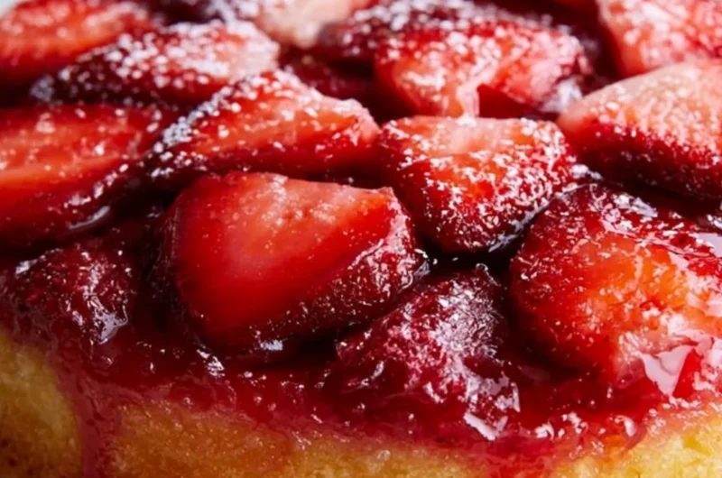 Delicious Strawberry Upside Down Cake topped with fresh strawberries and caramel