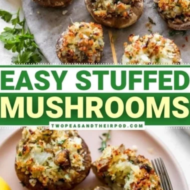 Delicious stuffed mushrooms topped with herbs and cheese on a platter