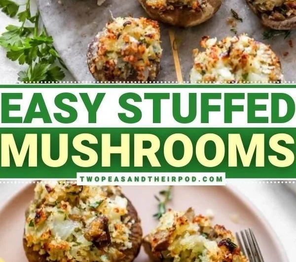 Delicious stuffed mushrooms topped with herbs and cheese on a platter