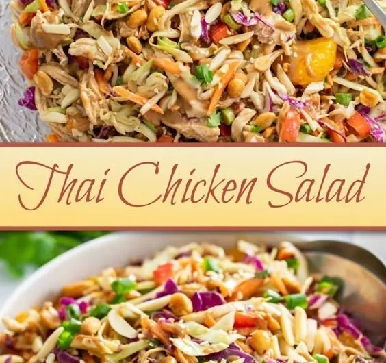 A vibrant bowl of Thai Chicken Salad with fresh vegetables and herbs