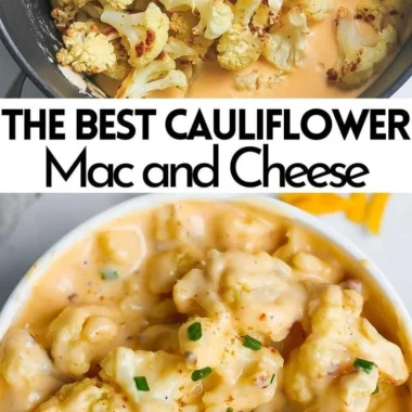 Creamy and delicious cauliflower mac and cheese served in a bowl.