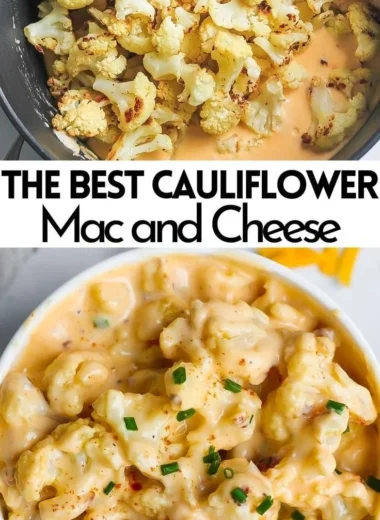 Creamy and delicious cauliflower mac and cheese served in a bowl.