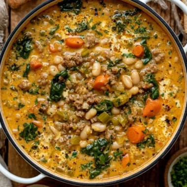 Bowl of hearty Tuscan White Bean Soup garnished with herbs and drizzle of olive oil