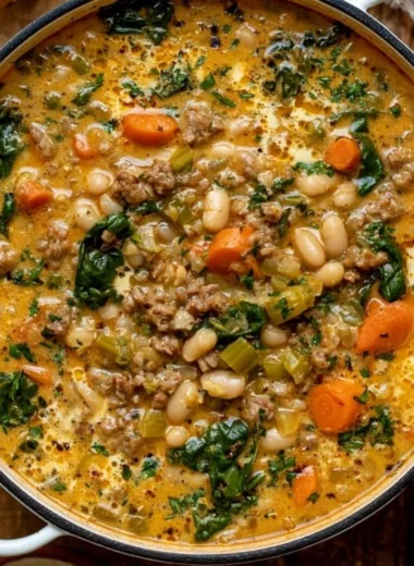 Bowl of hearty Tuscan White Bean Soup garnished with herbs and drizzle of olive oil