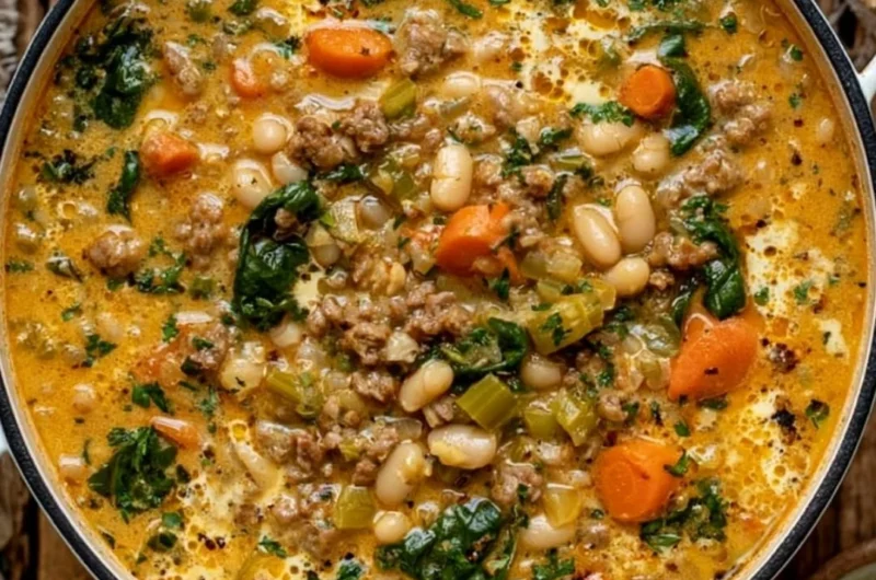 Bowl of hearty Tuscan White Bean Soup garnished with herbs and drizzle of olive oil