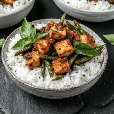 Vegan black pepper tofu stir fry served with vegetables in a bowl