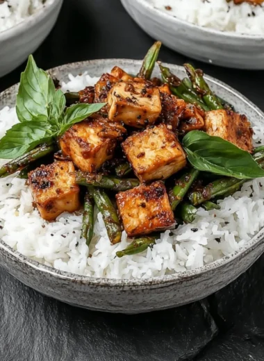 Vegan black pepper tofu stir fry served with vegetables in a bowl
